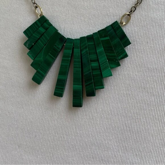 NECKLACE STERLING SILVER GREEN MALACHITE FAN STYLE GRADUATED TAPERED CHOKER 15” - Picture 2 of 9
